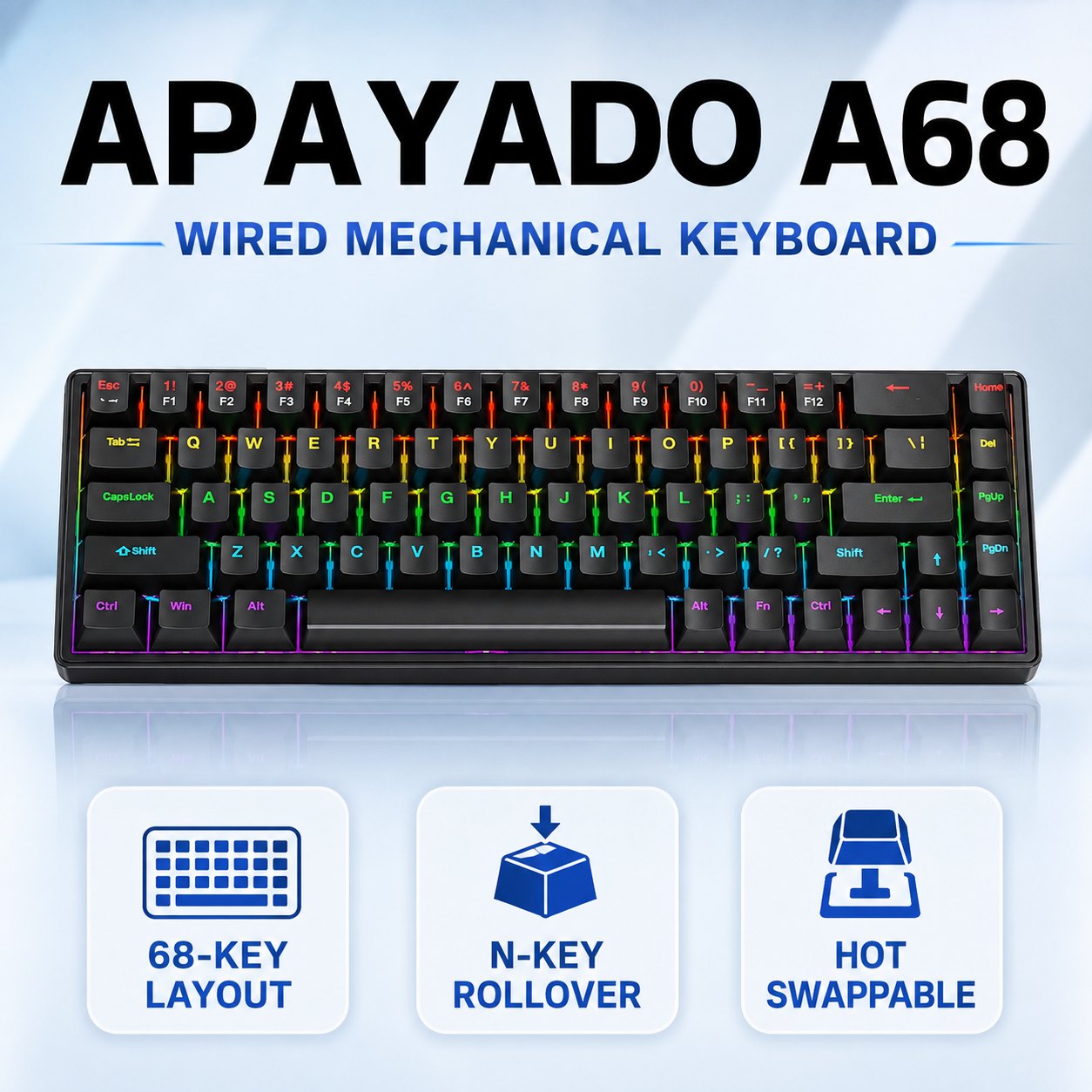 Keyboard Gaming Blue Switch - APAYADO A68 Keyboard Mekanis Berkabel, Dapat